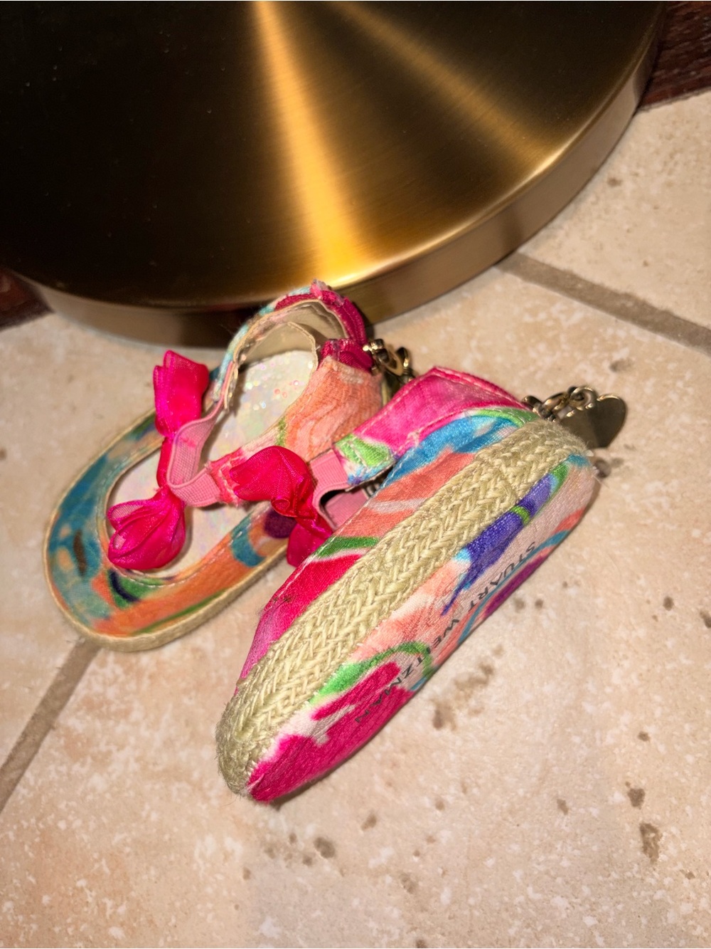 Stuart Weitzman Kids Multicolor Floral Espadrille Sandals with Pink Ribbon